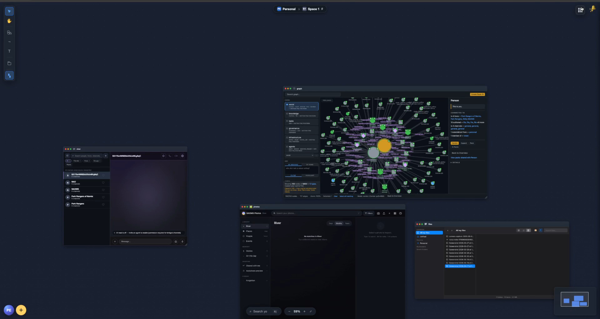 A NAOMS canvas with the graph, chat, files and photos apps open